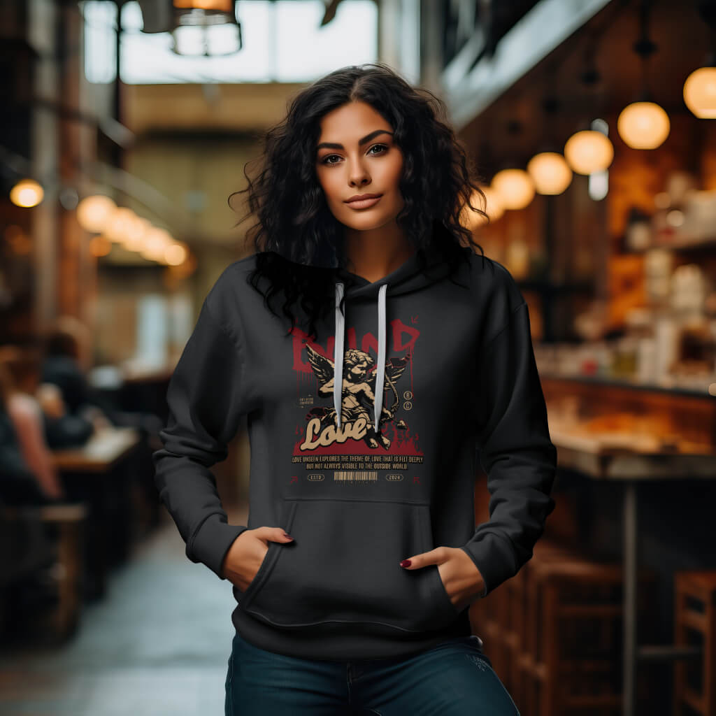 Vrouw draagt zwarte Blind Love hoodie met Cupido-print