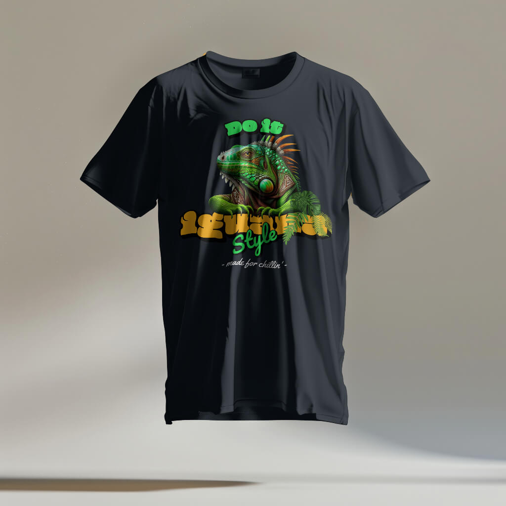 Zwart T-shirt met een illustratie van een leguaan en de tekst 'Do It Iguana Style', voor liefhebbers van een relaxte levensstijl.