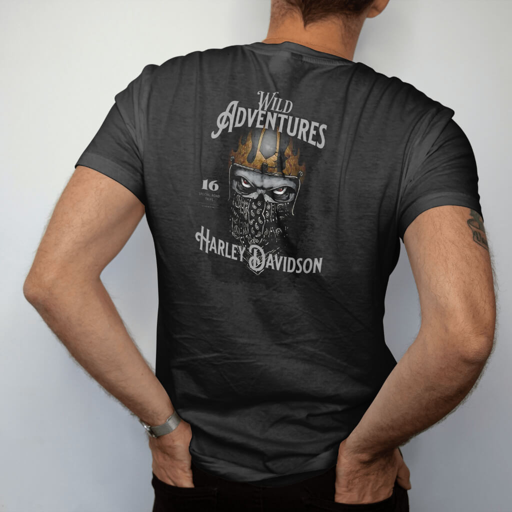 Zwart T-shirt met Wild Adventure schedelprint op de achterkant, stoer en rebels