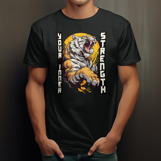 Zwart T-shirt met de tekst Your Inner Strength en een minimalistisch, inspirerend ontwerp