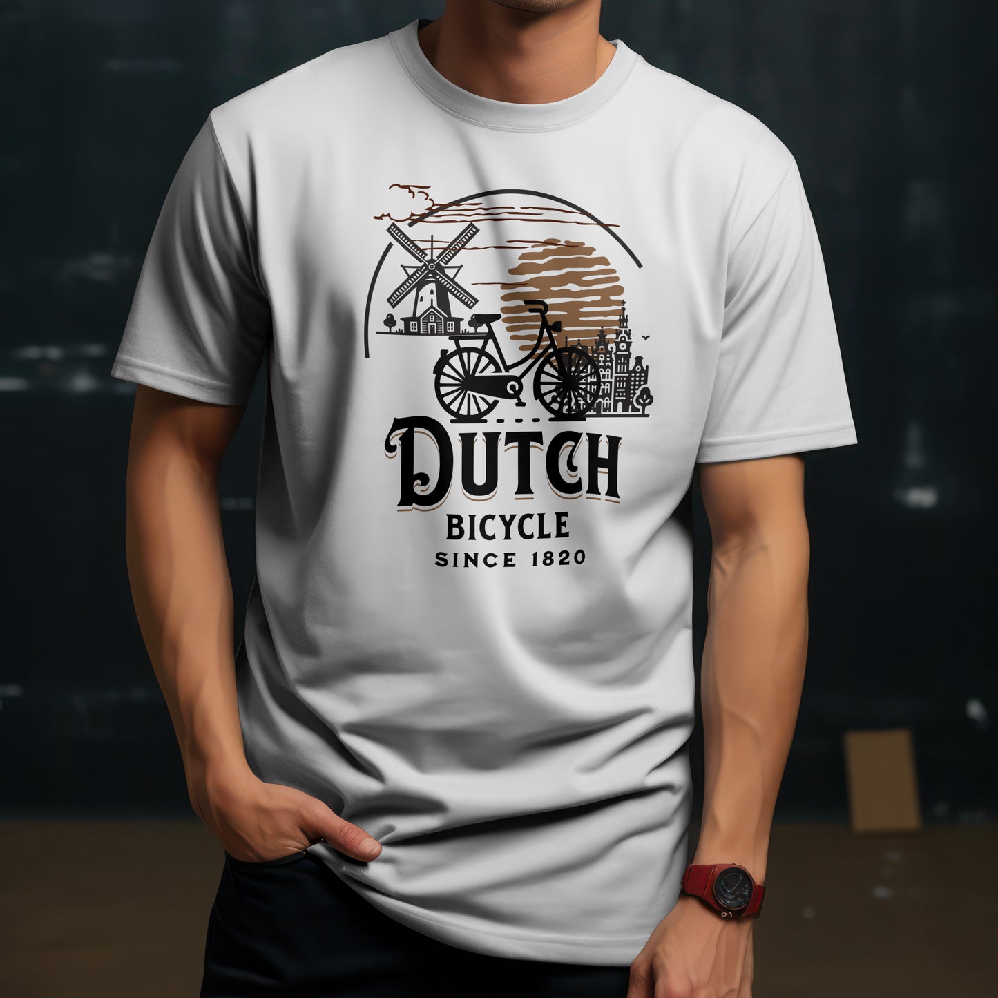 Close-up van Dutch Bicycle T-shirt – vintage illustratie met molen en fiets