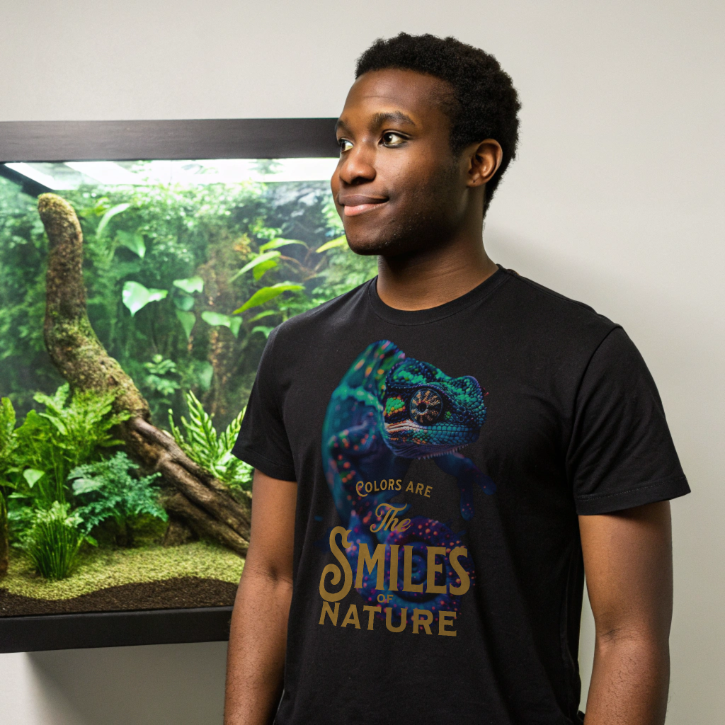 Kameleon T-shirt met kleurrijke print en quote 'Colors Are the Smiles of Nature' – Fresh Design Purmerend