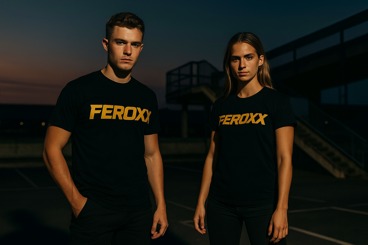 FEROXX collectie – zwart T-shirt met goud logo gedragen door man en vrouw, urban setting bij zonsondergang