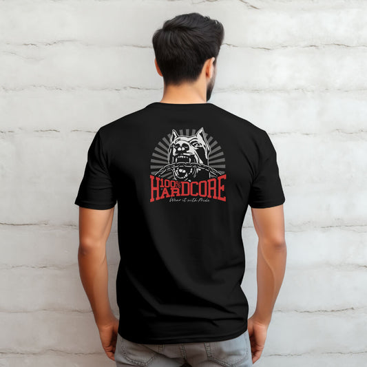 Zwart T-shirt met witte tekst 100% Hardcore, ideaal voor liefhebbers van hardcore muziek