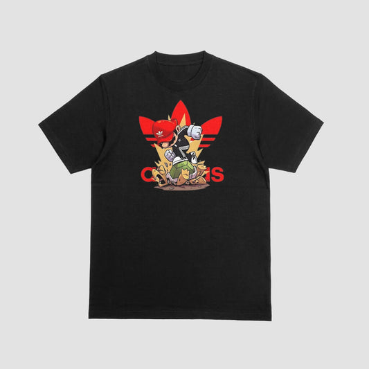 Zwart T-shirt met een creatieve mix van het Adidas-logo en Mario, perfect voor gamers en streetwear-fans