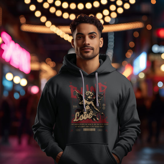 “Zwart T-shirt met witte 'Blind Love' tekst en Cupido-print, gedragen door model”
