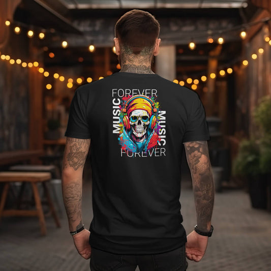 Zwart T-shirt met een schedel die een koptelefoon draagt en de tekst 'Forever Music', perfect voor muziekliefhebbers