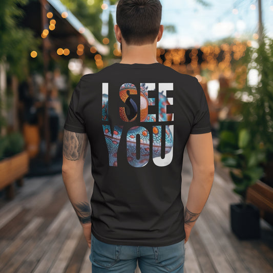 T-shirt met rugprint ‘I SEE YOU’ in reptielenpatroon – Fresh Design Purmerend
