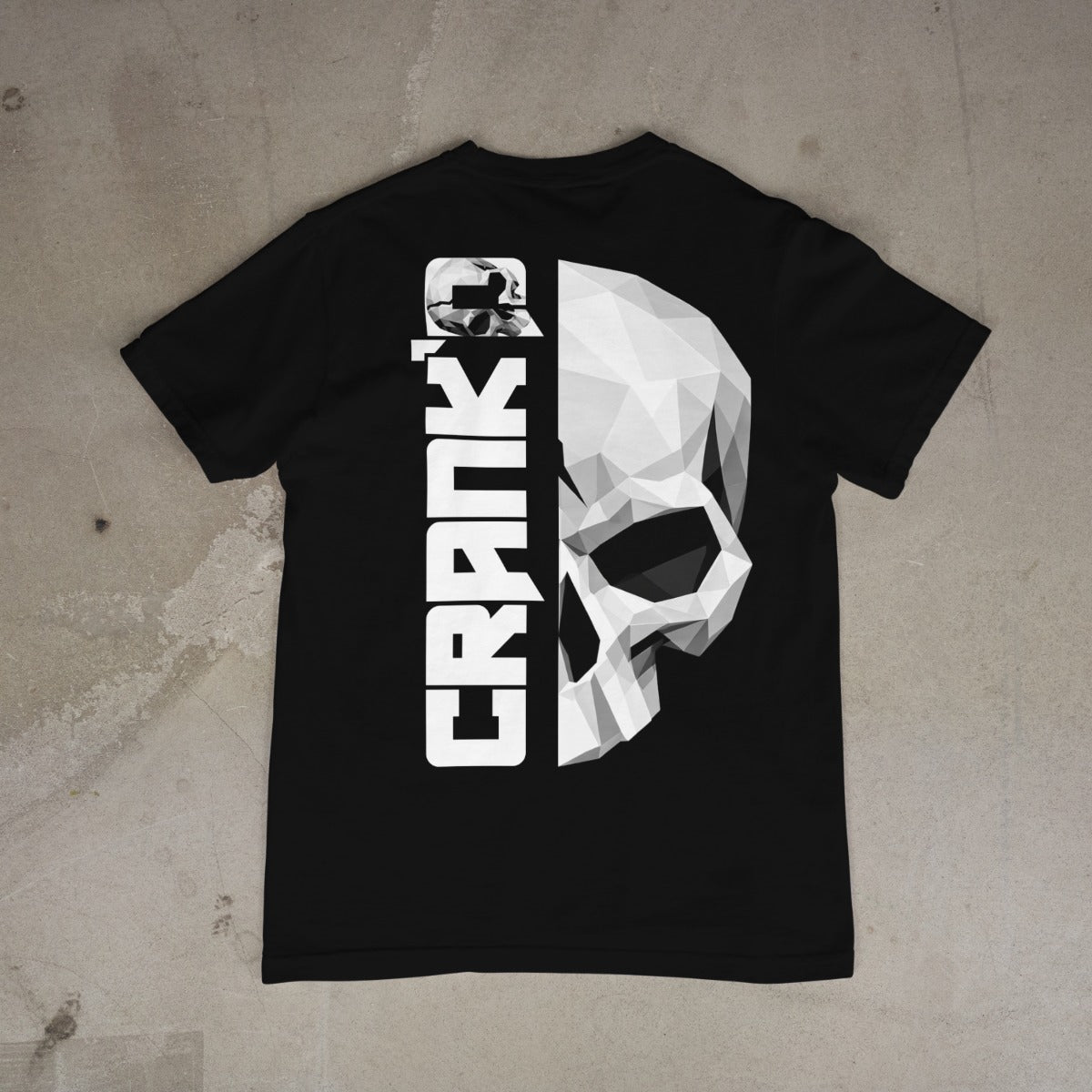 CRANK'D T-shirt zwart, achterkant plat productbeeld met schedelprint