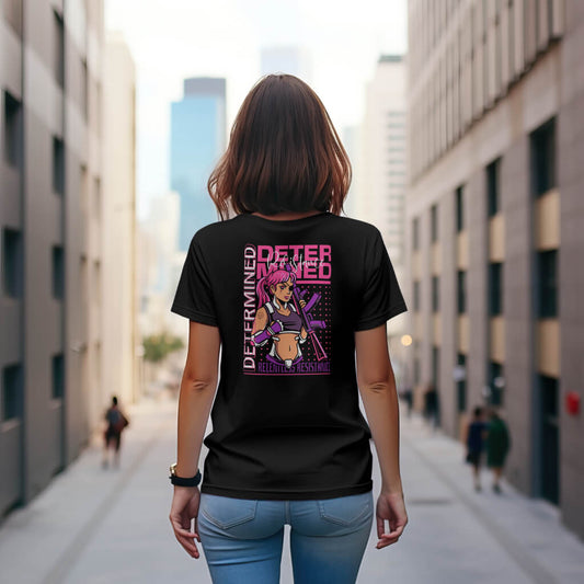 Wit T-shirt met de inspirerende tekst Determined, speciaal ontworpen voor vastberaden vrouwen