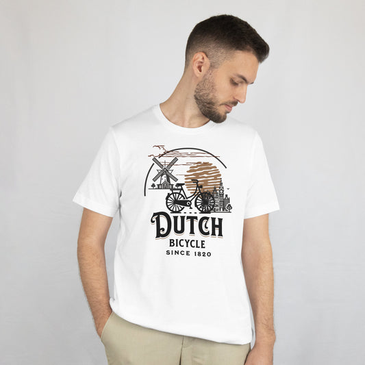 Wit T-shirt met Dutch Bicycle design – windmolen, fiets en grachtenpand illustratie