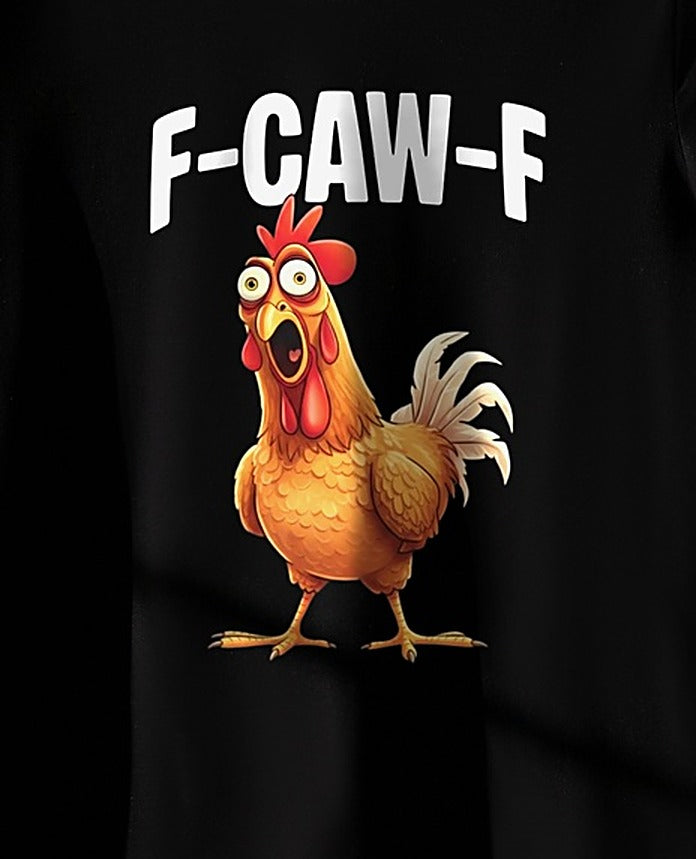 Close-up van de F-CAW-F kip bedrukking op het T-shirt
