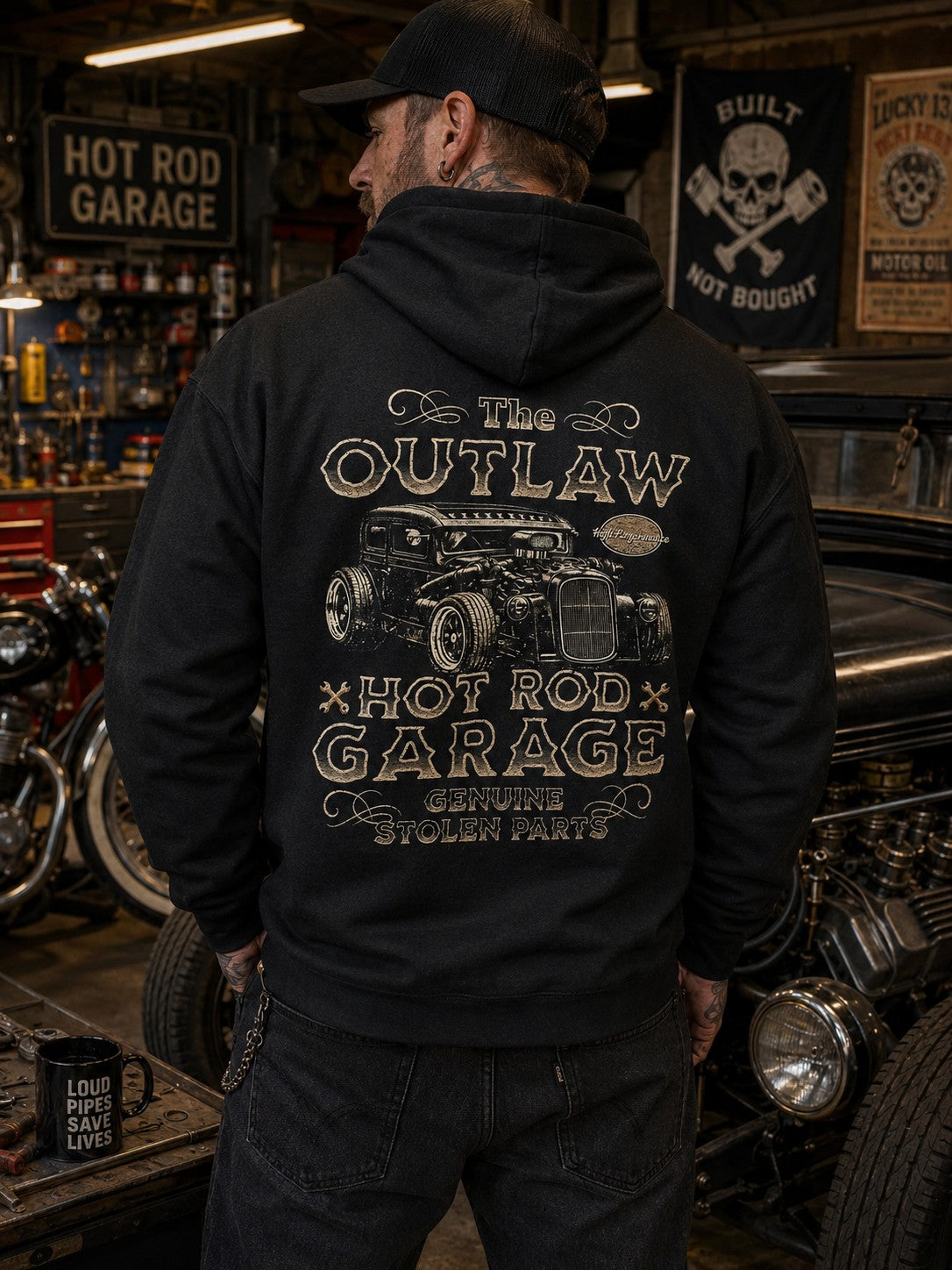 The Outlaw Hot Rod Garage hoodie, achterkant op mannelijk model