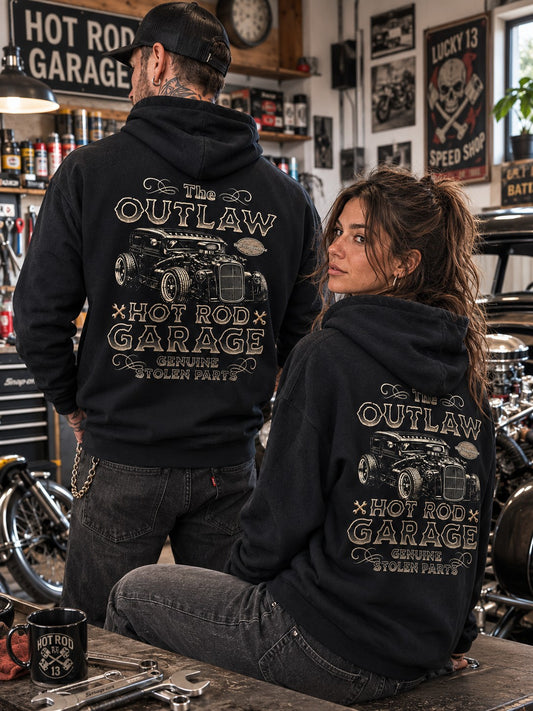 The Outlaw Hot Rod Garage hoodie, unisex, achterkant op koppel