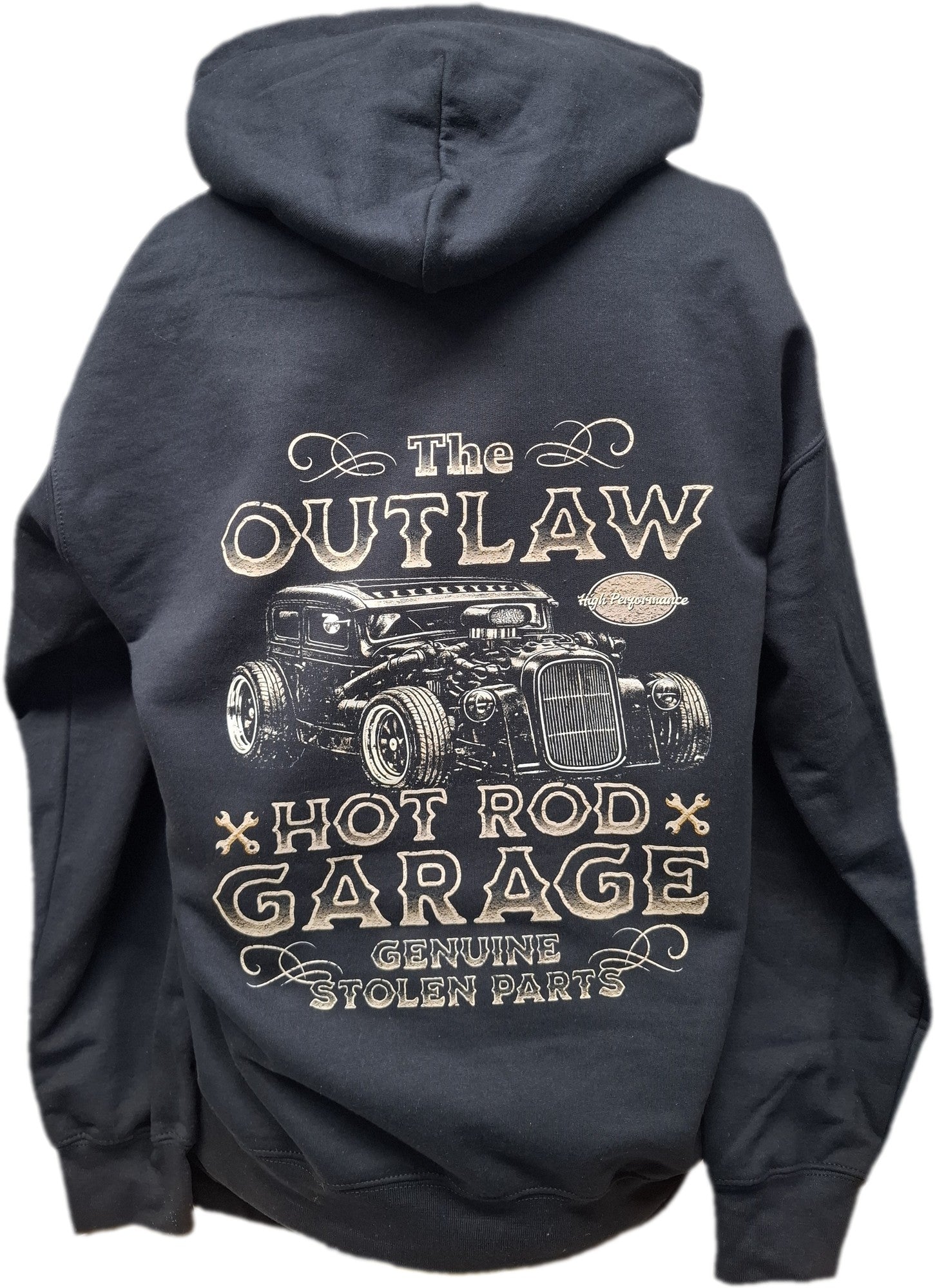 The Outlaw Hot Rod Garage hoodie zwart, platte productfoto achterkant