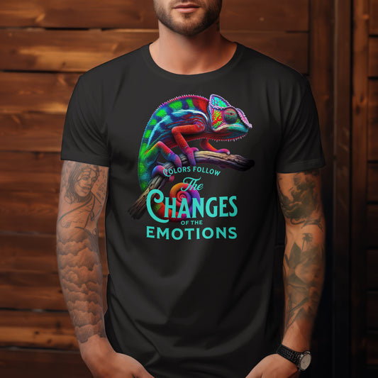 Kameleon T-shirt met kleurrijke print en quote 'Colors Follow the Changes of the Emotions' – Fresh Design Purmerend
