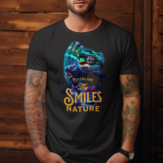 Kameleon T-shirt met kleurrijke print en quote 'Colors Are the Smiles of Nature' – Fresh Design Purmerend