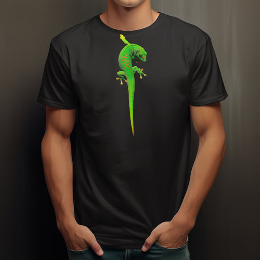 Minimalistisch T-shirt met felgroene gecko op zwarte achtergrond – Fresh Design Purmerend